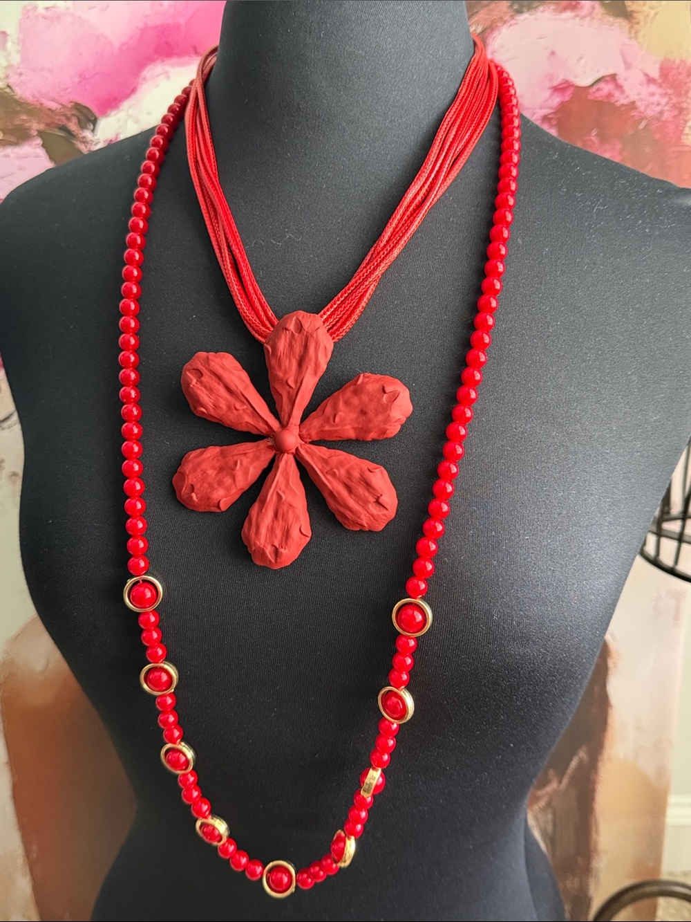 Red Floral Pendant & Beaded Necklace Set